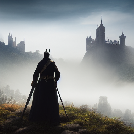 Perceval, standing at the towering castle gates on the mountaintop, gazes up at the magnificent structure veiled in an ethereal mist, its spires reaching towards the heavens, as he prepares to step into the heart of the Grail's destiny.